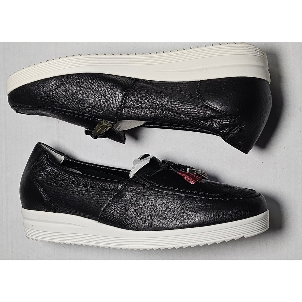 Vitaform Black Leather Tassel Loafers Slip On Low Wedge Shoes Womens 7.5/38 NEW - Picture 5 of 13
